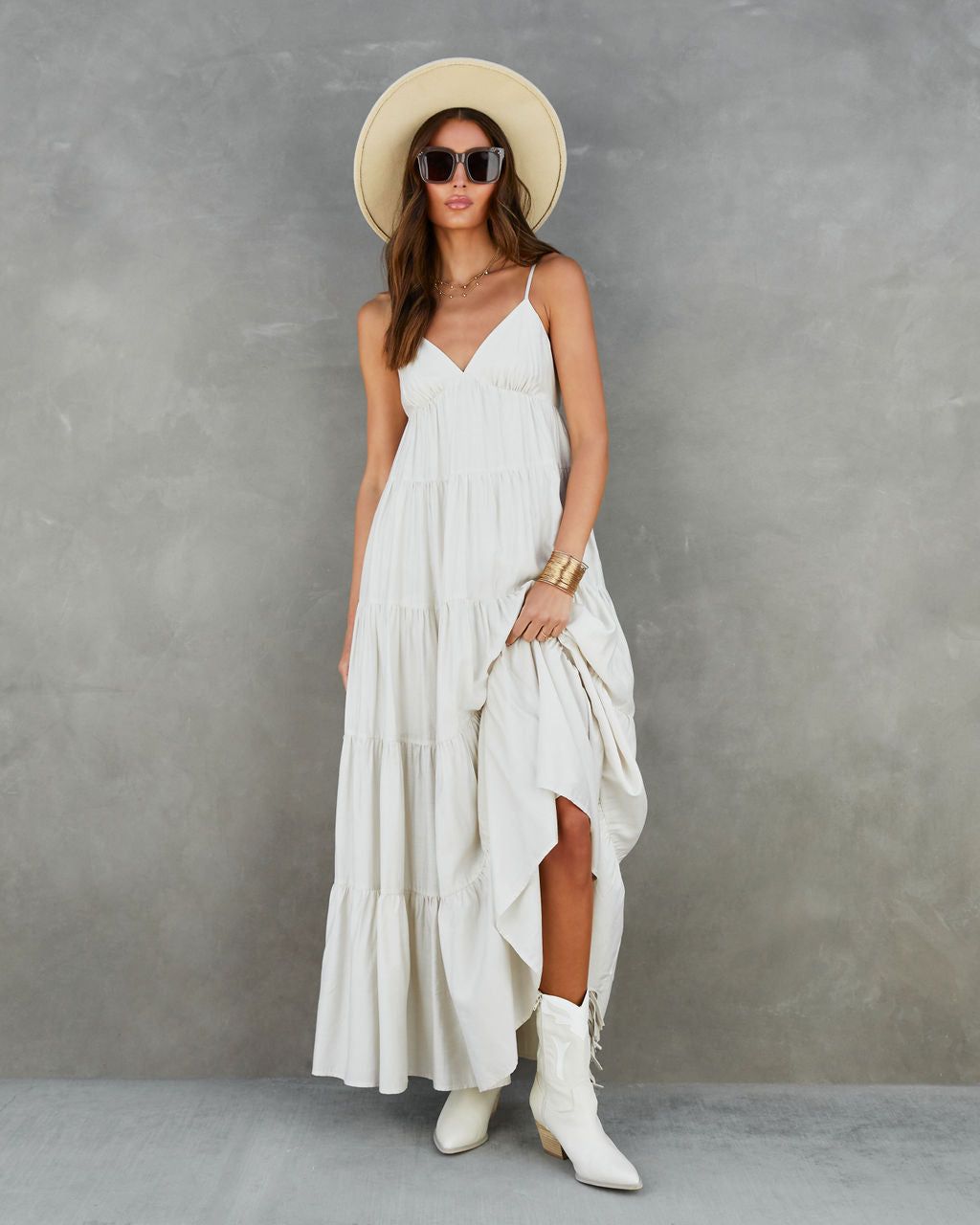 Suzzy Tiered Pocketed Maxi Dress - Ecru - FINAL SALE sold by Vici