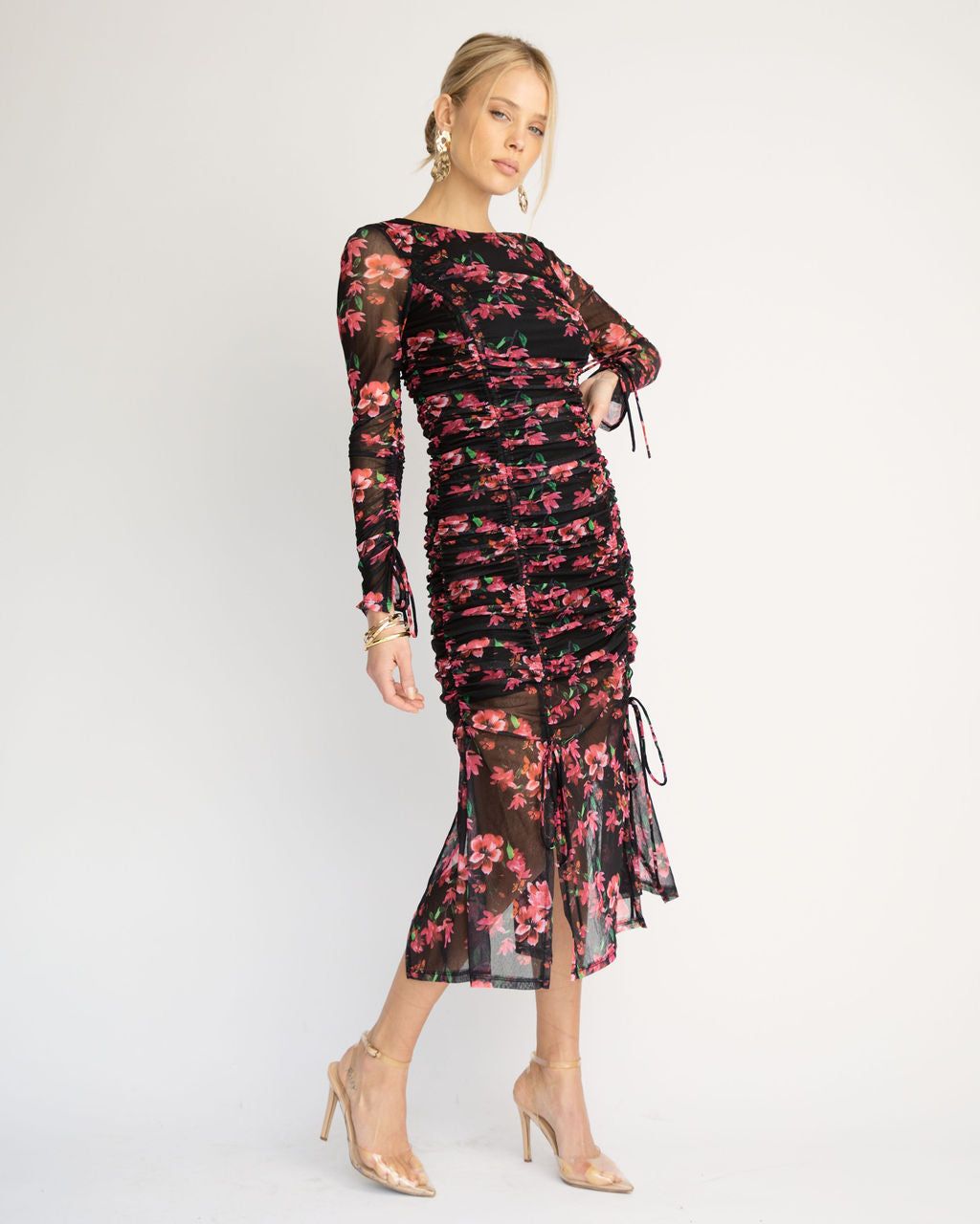 Soul Sister Ruched Floral Mesh Midi Dress sold by Vici product image thumbnail 5