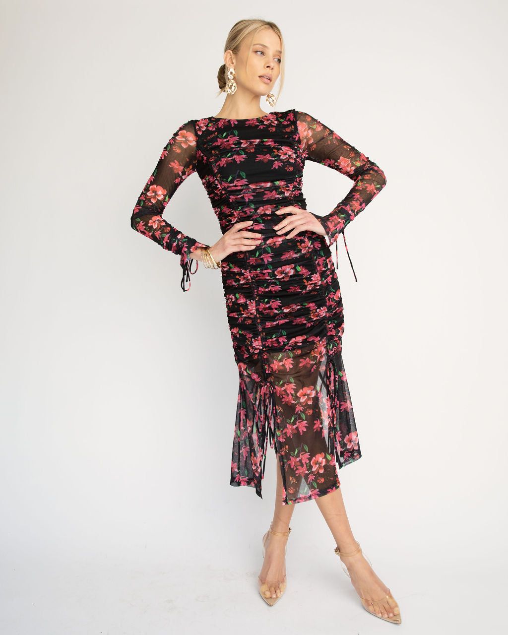 Soul Sister Ruched Floral Mesh Midi Dress sold by Vici