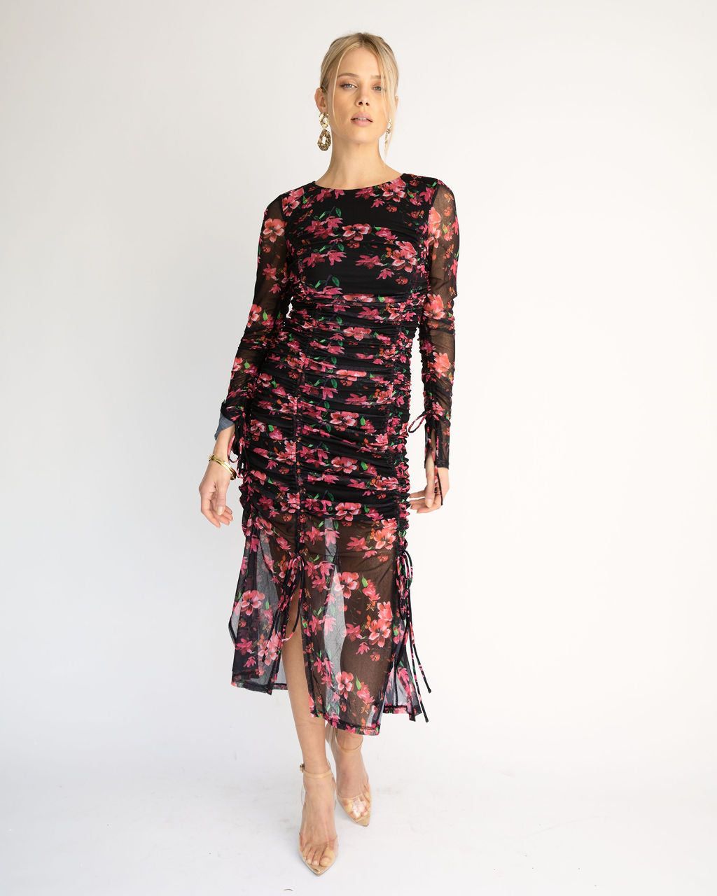 Soul Sister Ruched Floral Mesh Midi Dress sold by Vici product image thumbnail 3