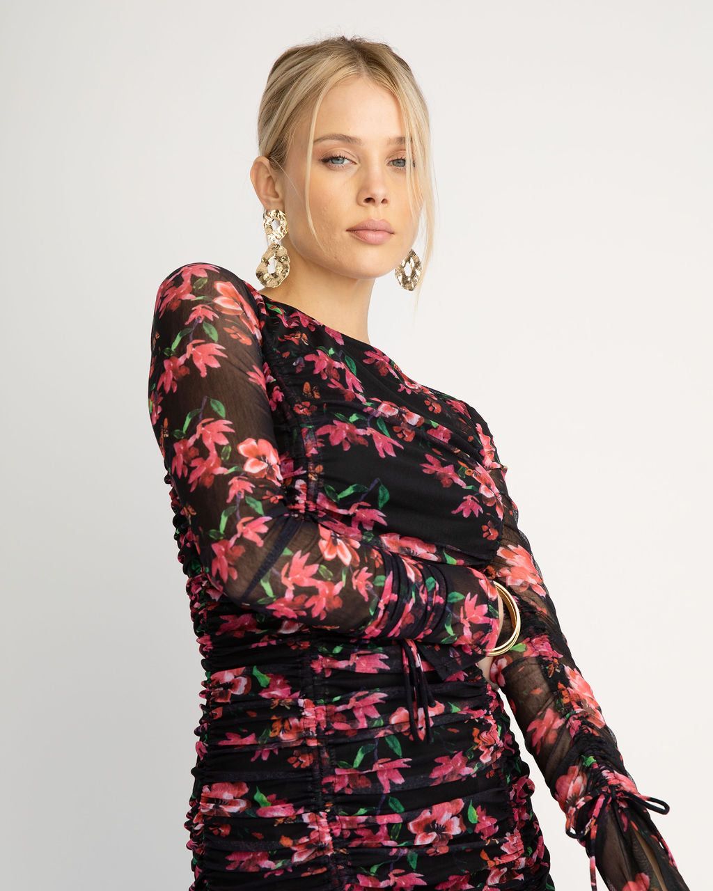 Soul Sister Ruched Floral Mesh Midi Dress sold by Vici product image thumbnail 2