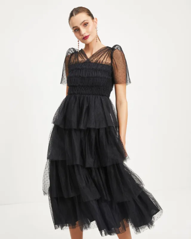 Night At The Opera Tulle Tiered Polka Dot Maxi Dress sold by Vici
