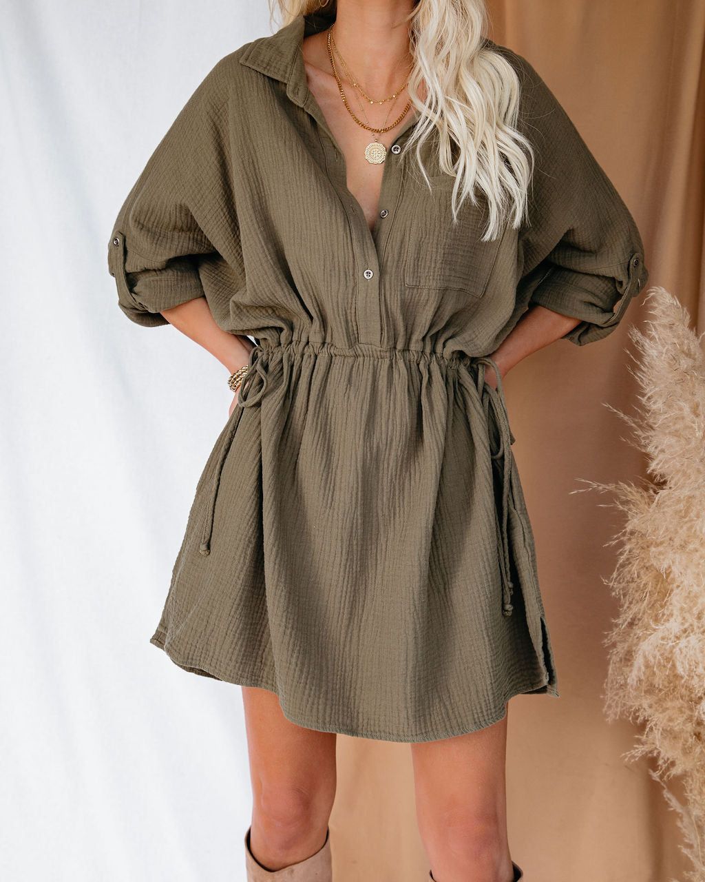 Remy Cotton Pocketed Shirt Dress - Olive - FINAL SALE sold by Vici product image thumbnail 4