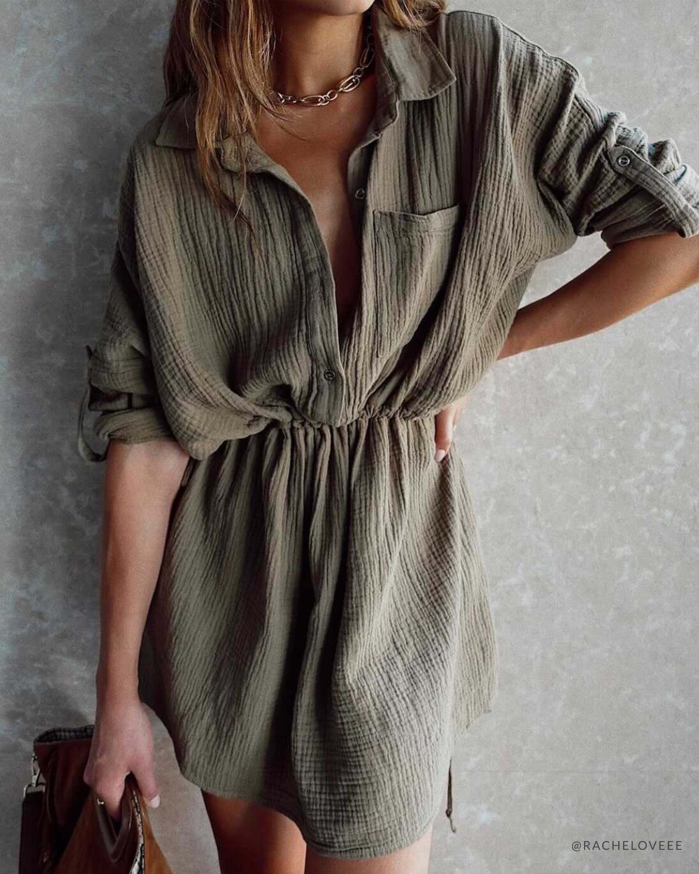 Remy Cotton Pocketed Shirt Dress - Olive - FINAL SALE sold by Vici
