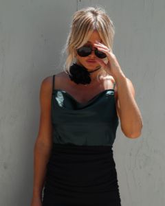 Halliwell Satin Cowl Neck Bodysuit - Hunter Green - SALE sold by Vici