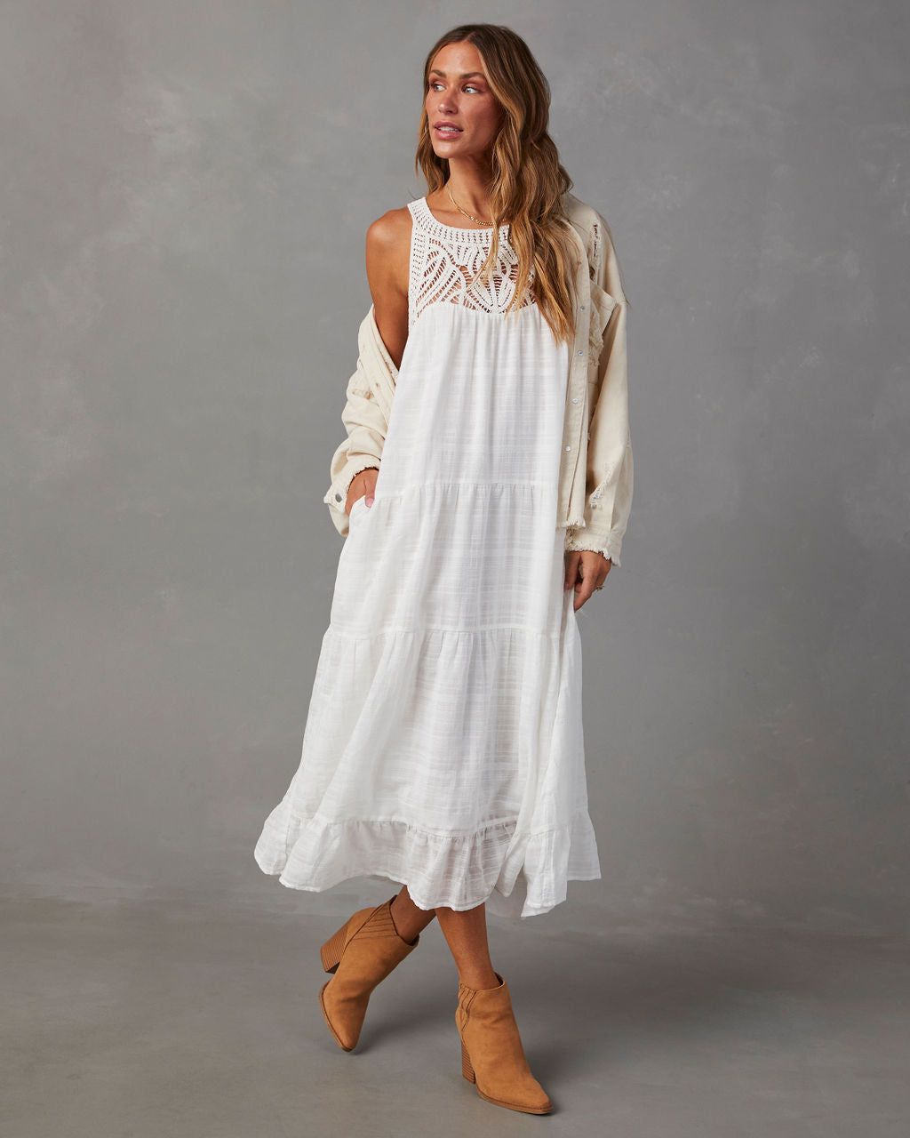 Maketta Tiered Maxi Dress - White sold by Vici
