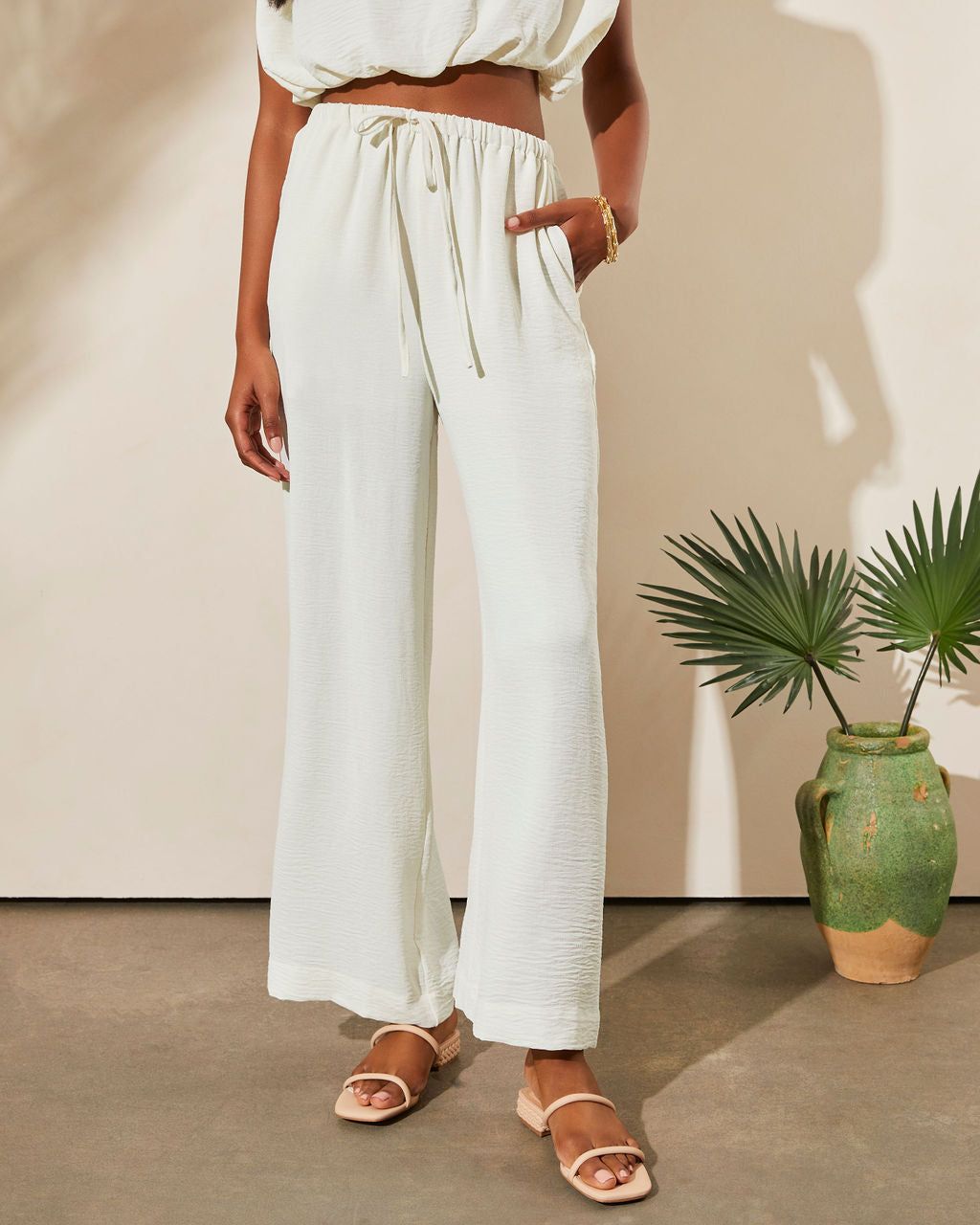 Forbidden Paradise Pocketed Drawstring Wide Leg Pants - White - SALE sold by Vici
