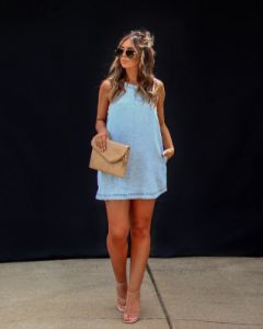 Chelsey Chambray Pocketed Mini Dress sold by Vici