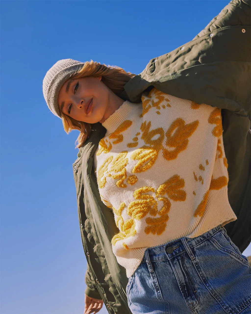 Chilly Days Textured Floral Sweater sold by Vici