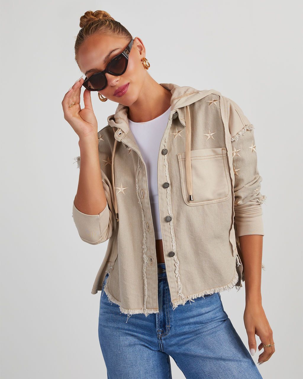 Mallory Lightweight Hooded Button Up Jacket - Taupe sold by Vici