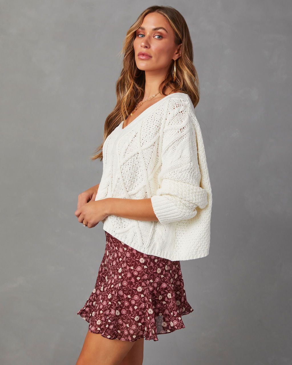 Salana V-Neck Cable Knit Sweater - White sold by Vici product image thumbnail 5