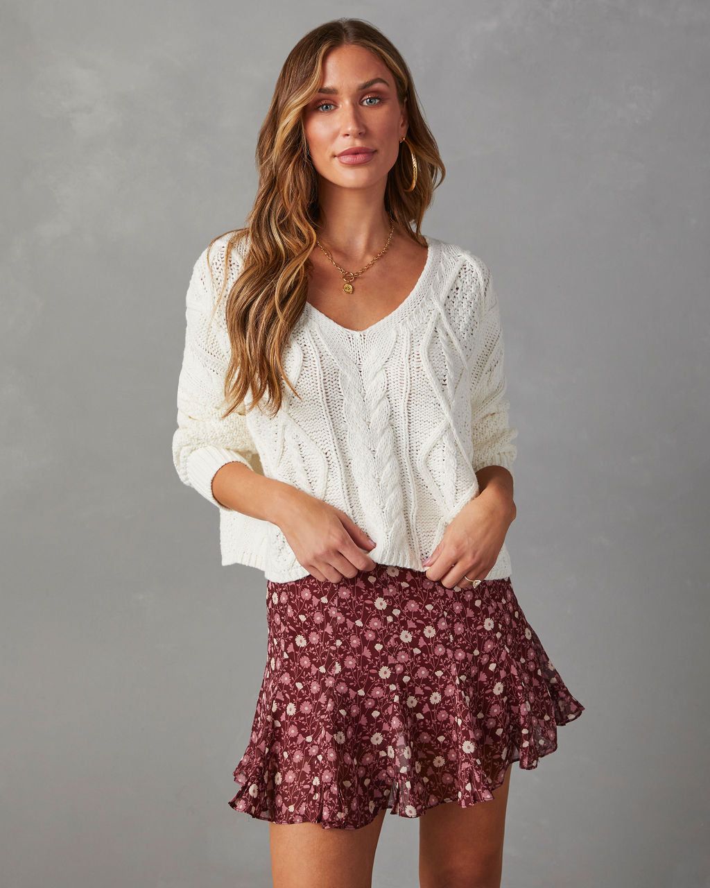 Salana V-Neck Cable Knit Sweater - White sold by Vici product image thumbnail 2