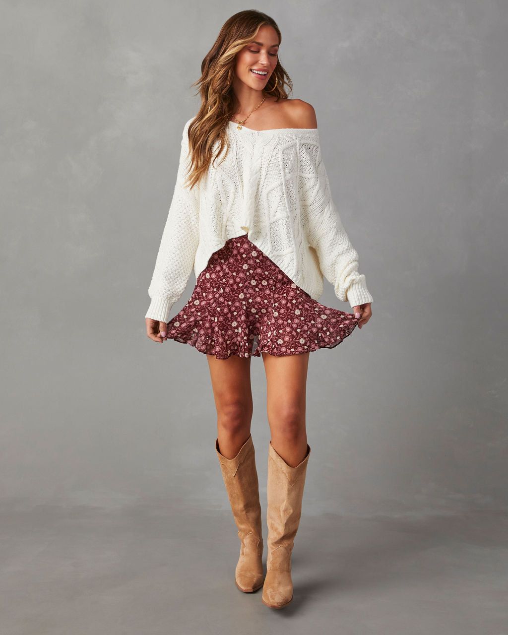 Salana V-Neck Cable Knit Sweater - White sold by Vici