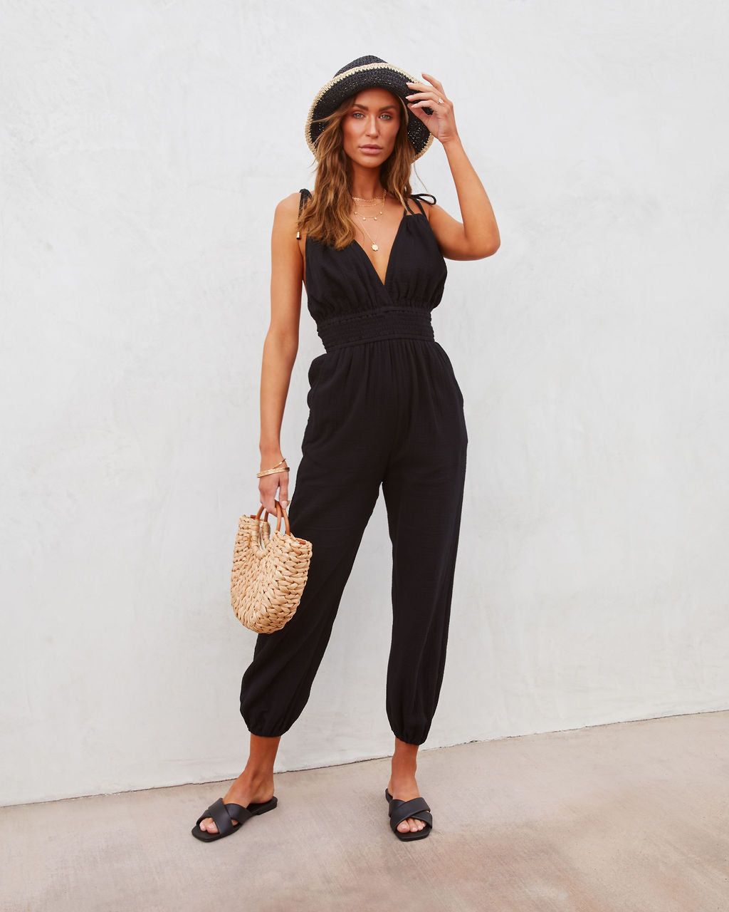 Del Mar Cotton Pocketed Jogger Jumpsuit - Black - FINAL SALE sold by Vici
