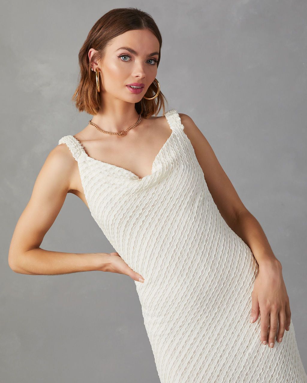 Cordera Textured Cowl Neck Midi Dress - Cream - FINAL SALE sold by Vici product image thumbnail 7