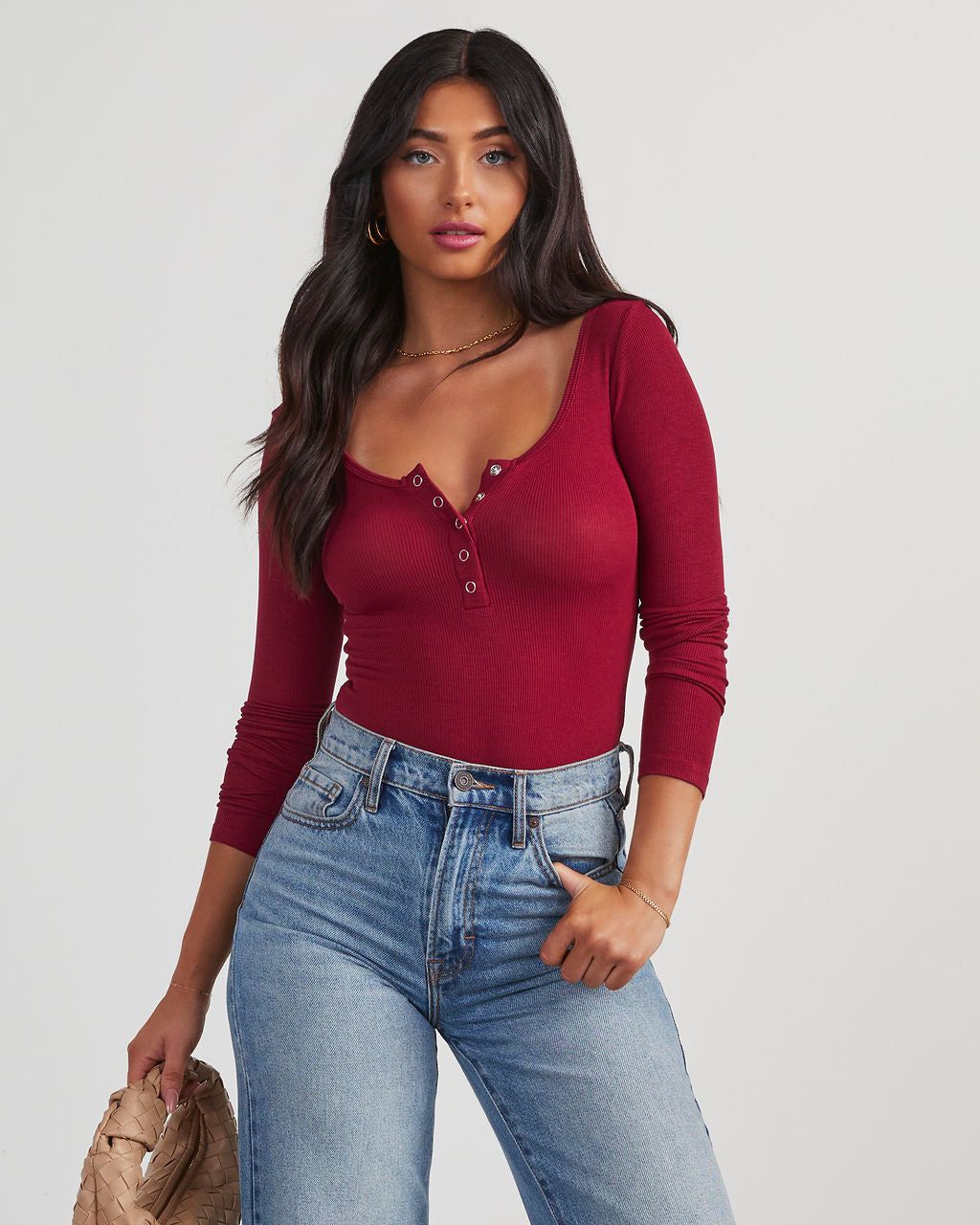 Venus Ribbed Knit Henley Bodysuit - Burgundy sold by Vici product image thumbnail 5