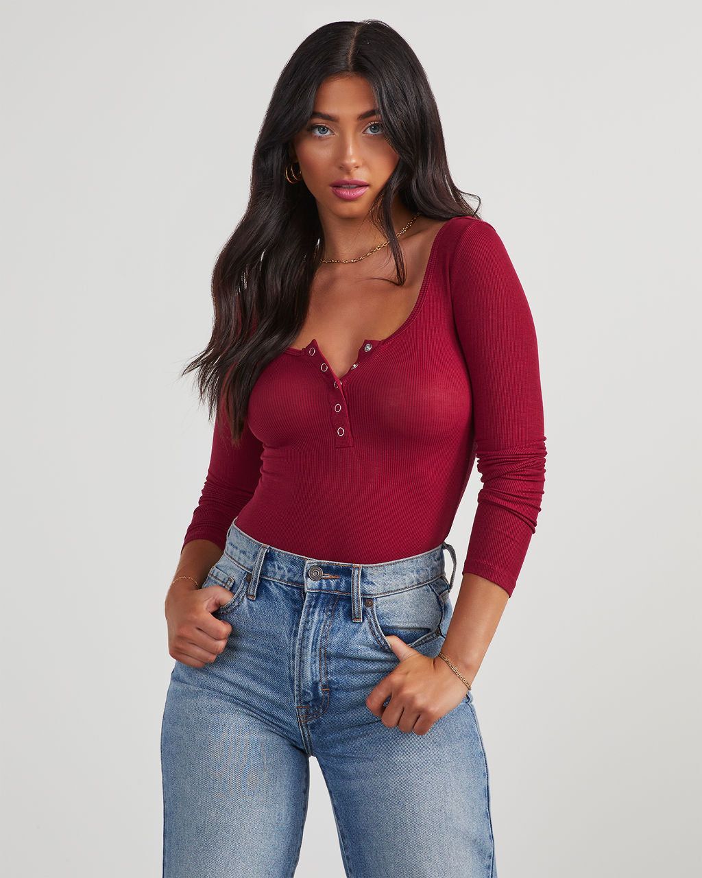 Venus Ribbed Knit Henley Bodysuit - Burgundy sold by Vici