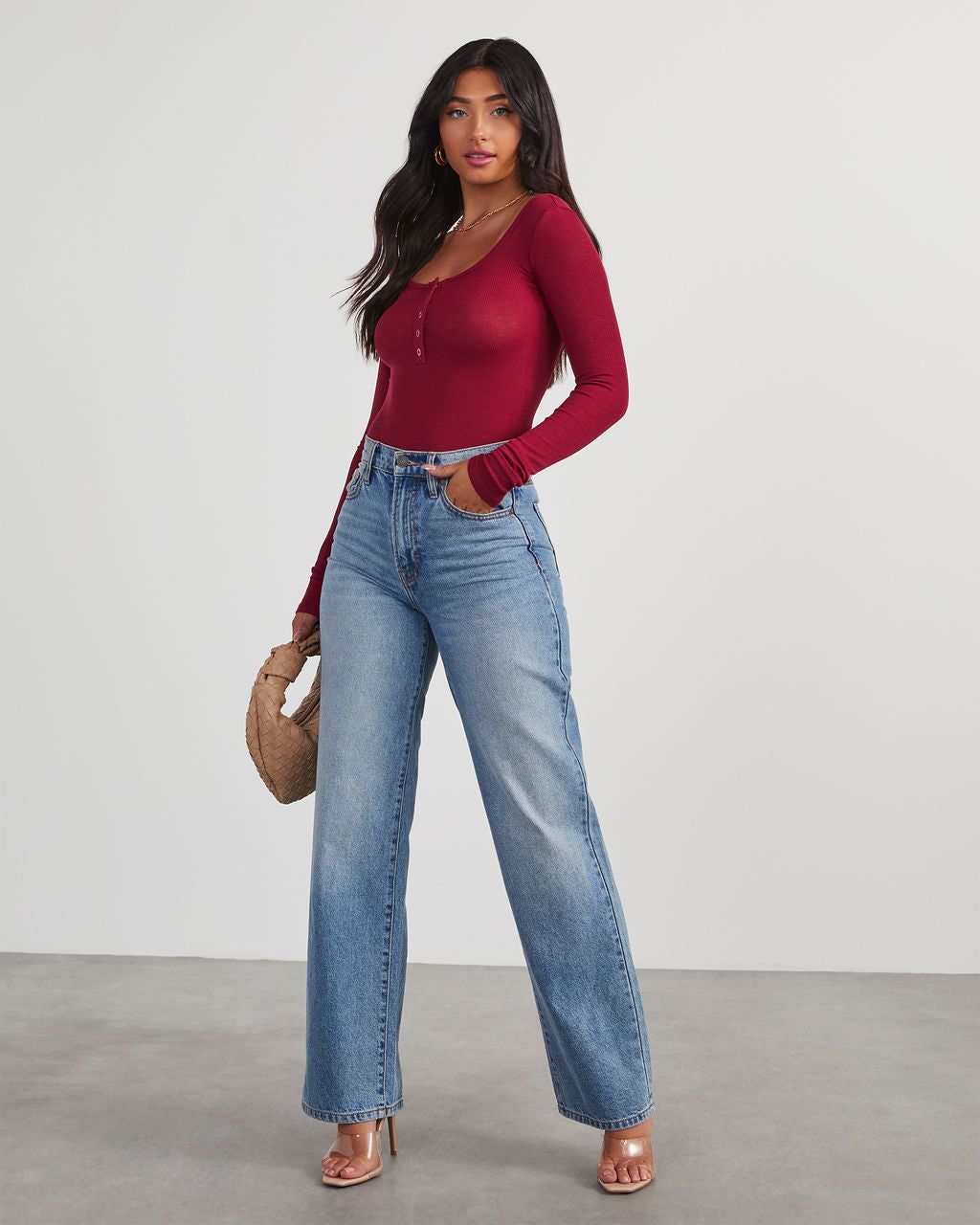 Venus Ribbed Knit Henley Bodysuit - Burgundy sold by Vici product image thumbnail 6