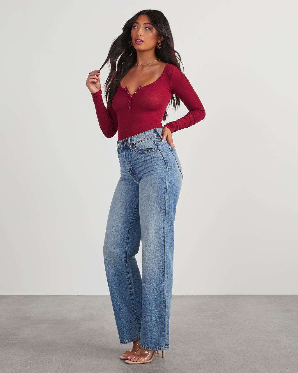 Venus Ribbed Knit Henley Bodysuit - Burgundy sold by Vici product image thumbnail 3