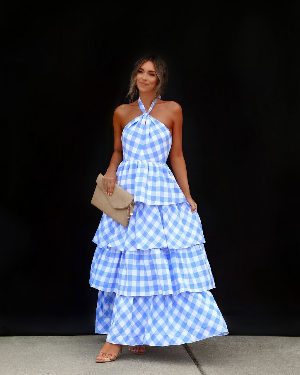 Dorotea Gingham Tiered Halter Maxi Dress - Blue/White - LAST CHANCE sold by Vici