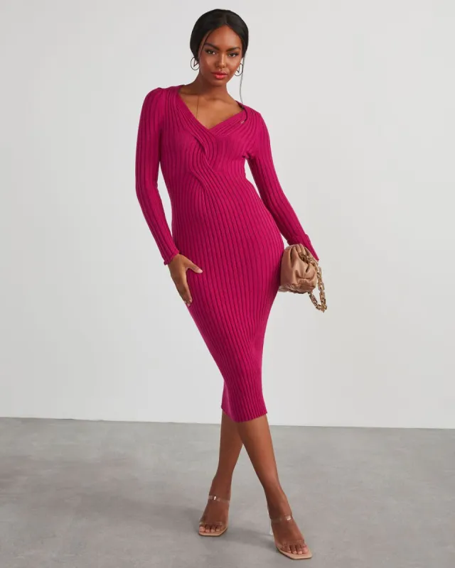 My Sweet Time V-Neck Midi Sweater Dress - Magenta - SALE sold by Vici