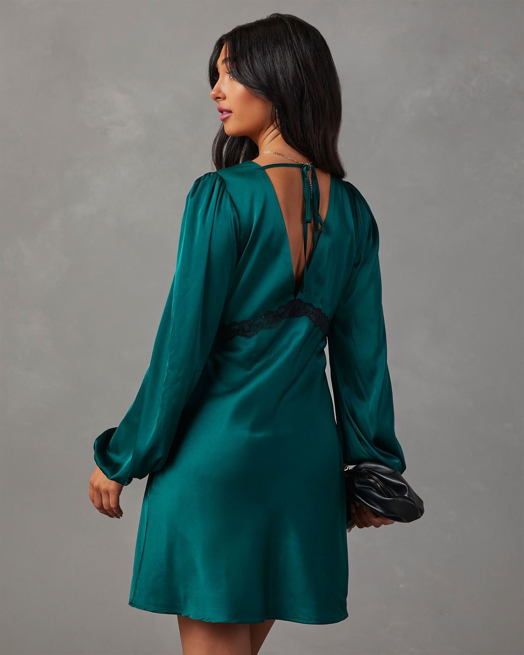 Jazzy Satin Lace Trim Long Sleeve Mini Dress - Emerald sold by Vici product image thumbnail 4