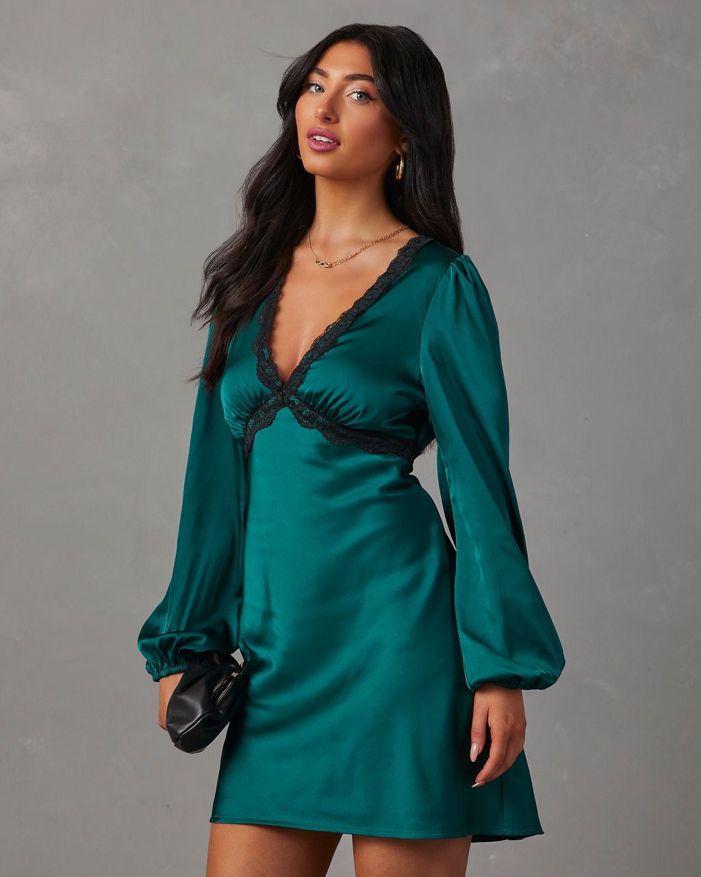 Jazzy Satin Lace Trim Long Sleeve Mini Dress - Emerald sold by Vici product image thumbnail 3
