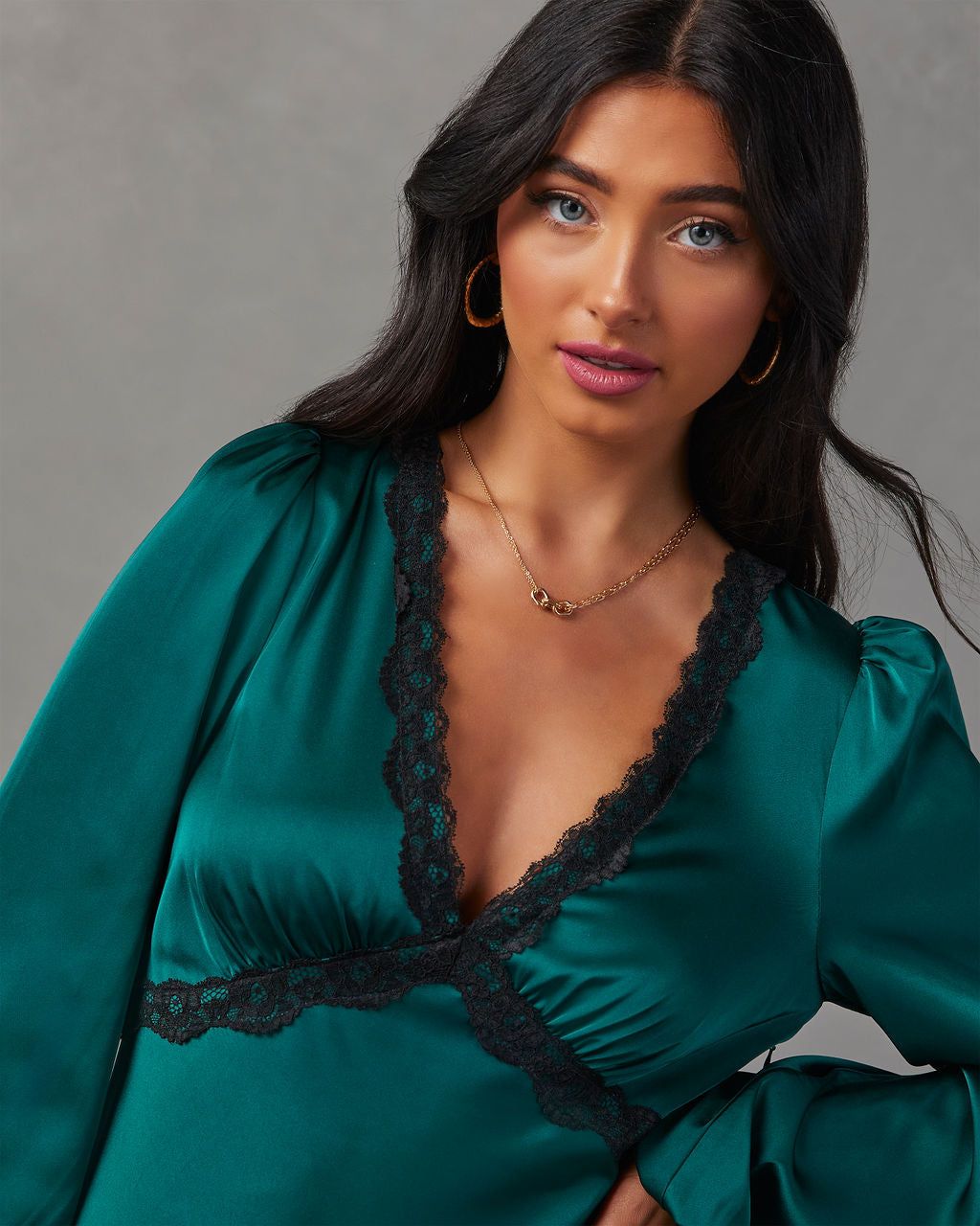 Jazzy Satin Lace Trim Long Sleeve Mini Dress - Emerald sold by Vici product image thumbnail 5