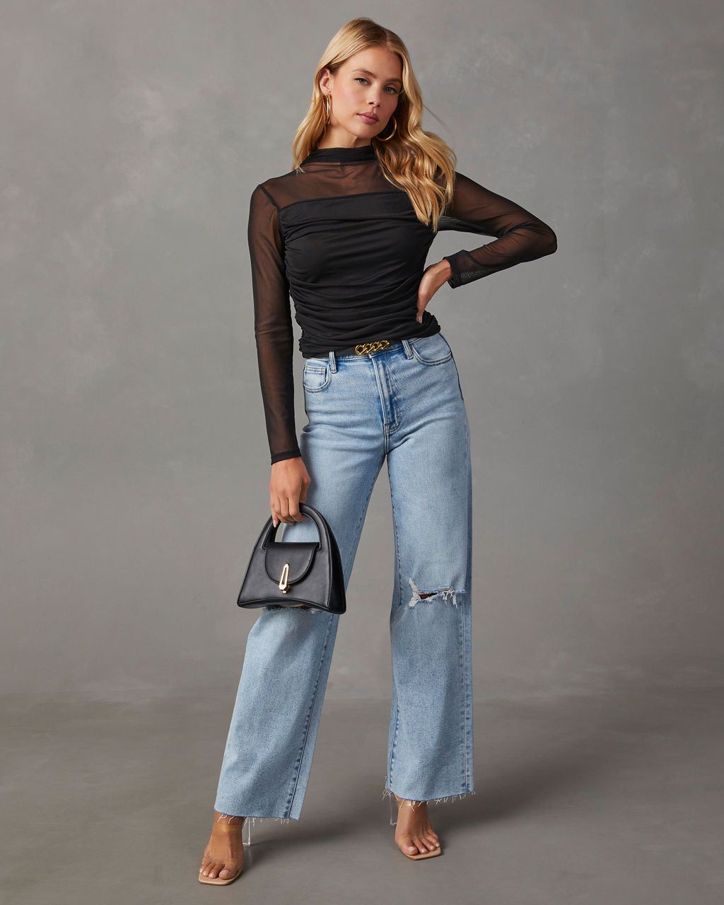 Bring The Edge Mesh Long Sleeve Top - Black sold by Vici