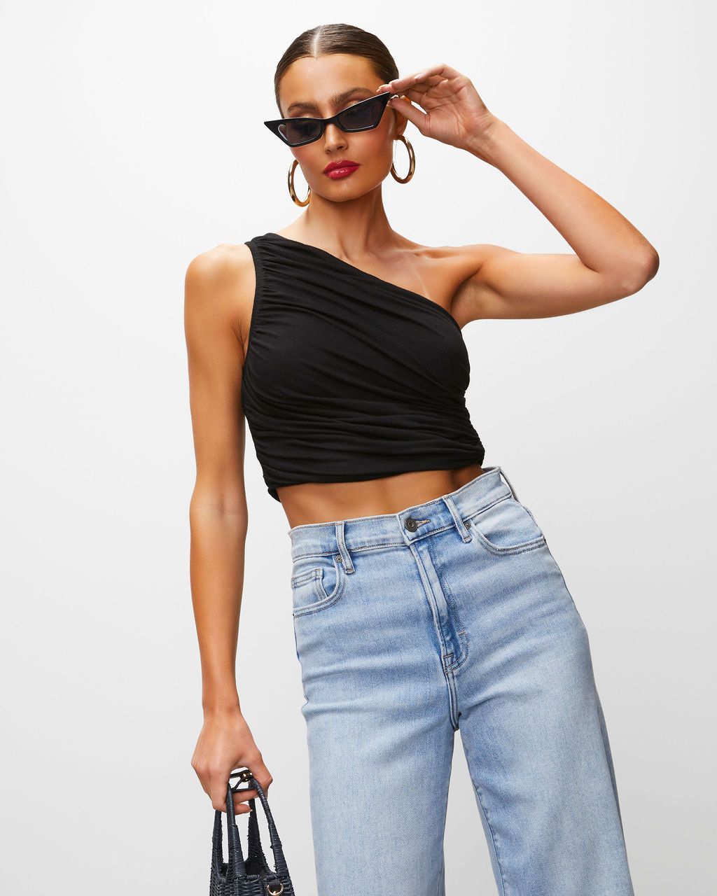 Alara Draped One Shoulder Crop Top - Black - FINAL SALE sold by Vici