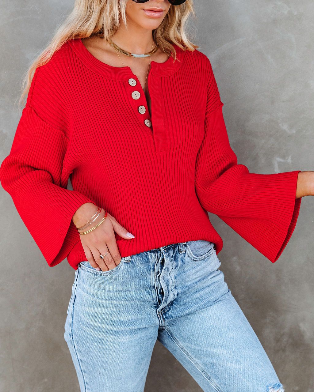 Shawn Ribbed Henley Top - Red - LAST CHANCE sold by Vici product image thumbnail 6