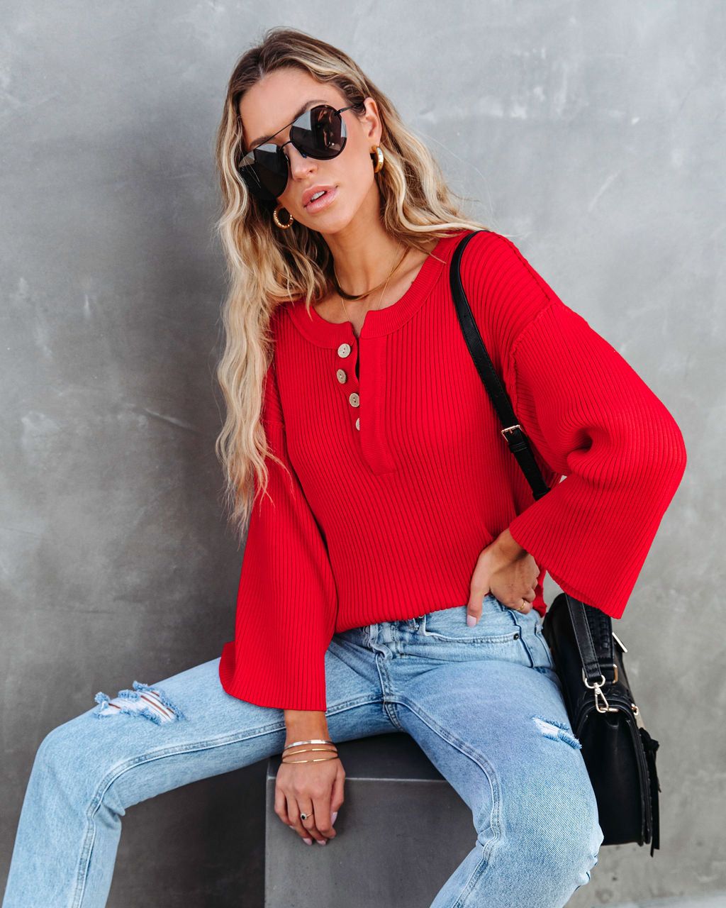 Shawn Ribbed Henley Top - Red - LAST CHANCE sold by Vici product image thumbnail 5