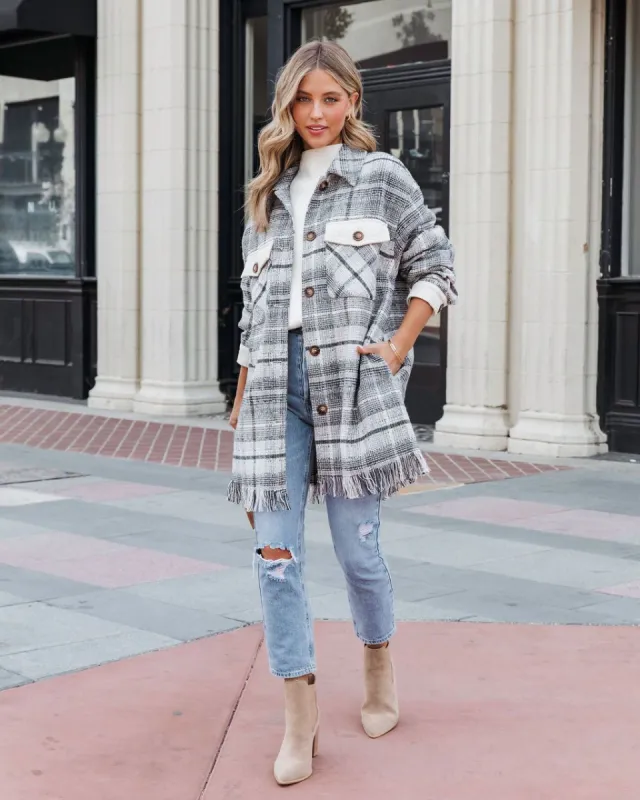 Ivetta Plaid Fringe Shacket sold by Vici