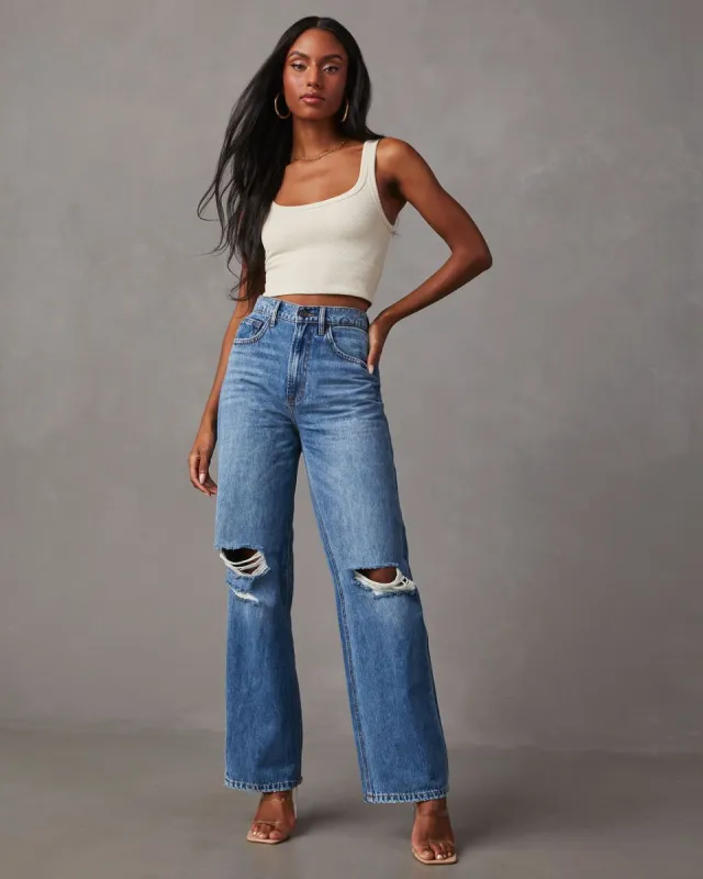 Janae Distressed High Rise Straight Jeans - Medium Wash sold by Vici
