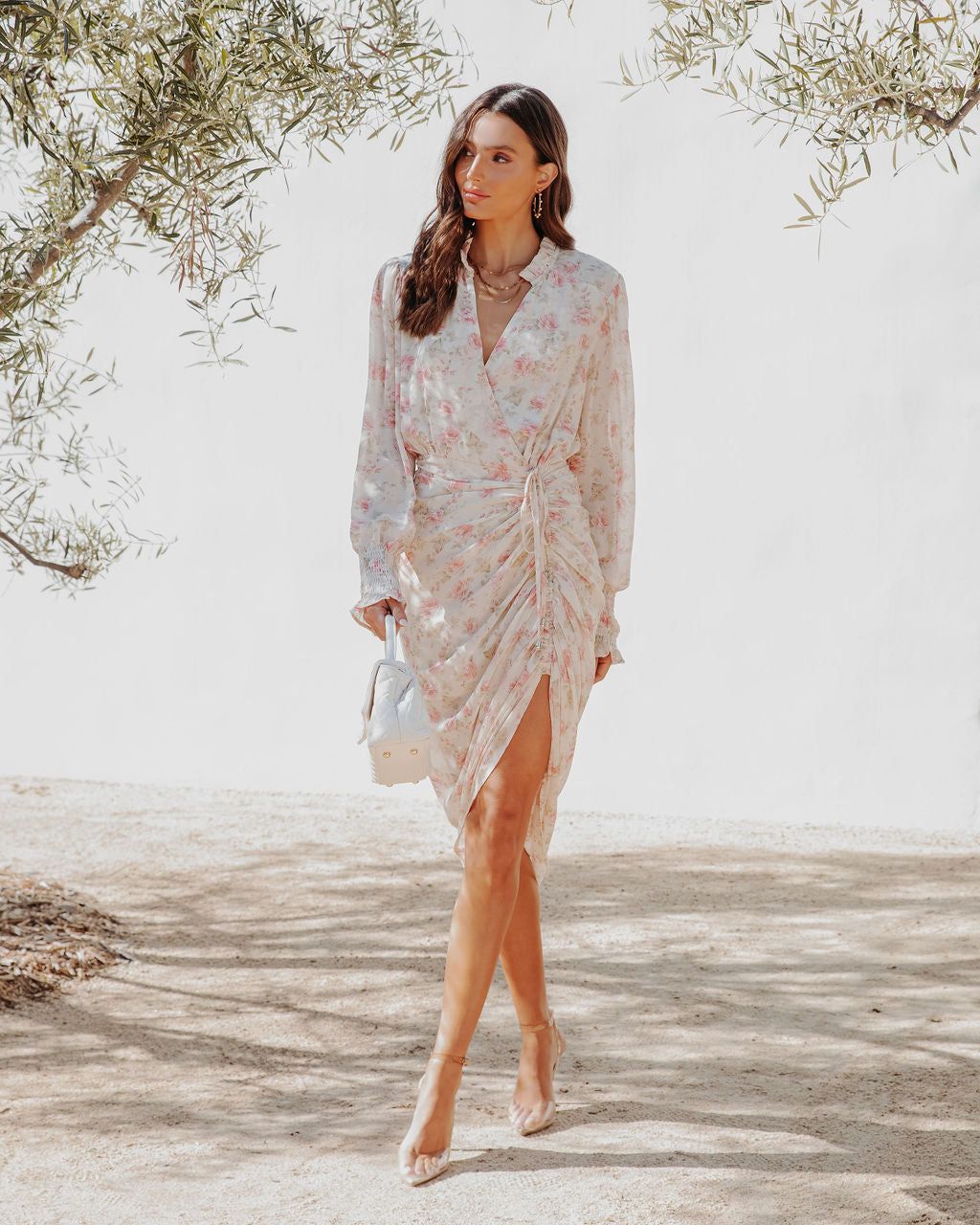 Spill The Tea Floral Chiffon Drape Midi Dress sold by Vici