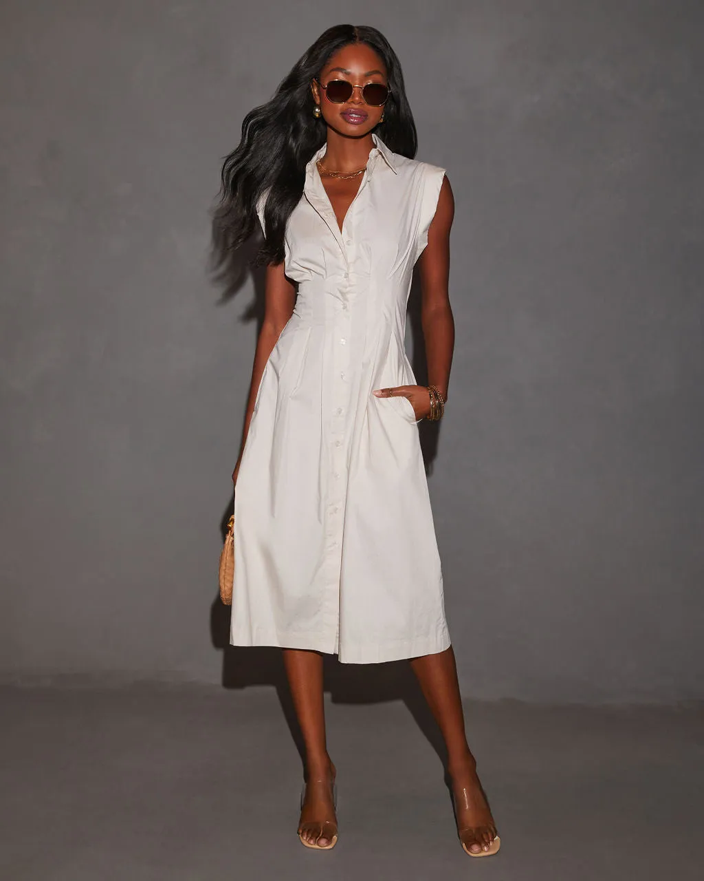 Rora Fitted Waist Midi Shirt Dress sold by Vici