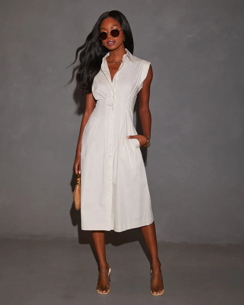 Rora Fitted Waist Midi Shirt Dress sold by Vici product image thumbnail 5