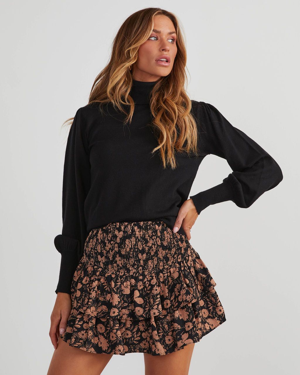 Addison Floral Smocked Ruffle Skort - Black sold by Vici product image thumbnail 5
