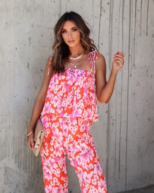 Jemma Floral Chiffon Plisse Smocked Shoulder Tie Top sold by Vici