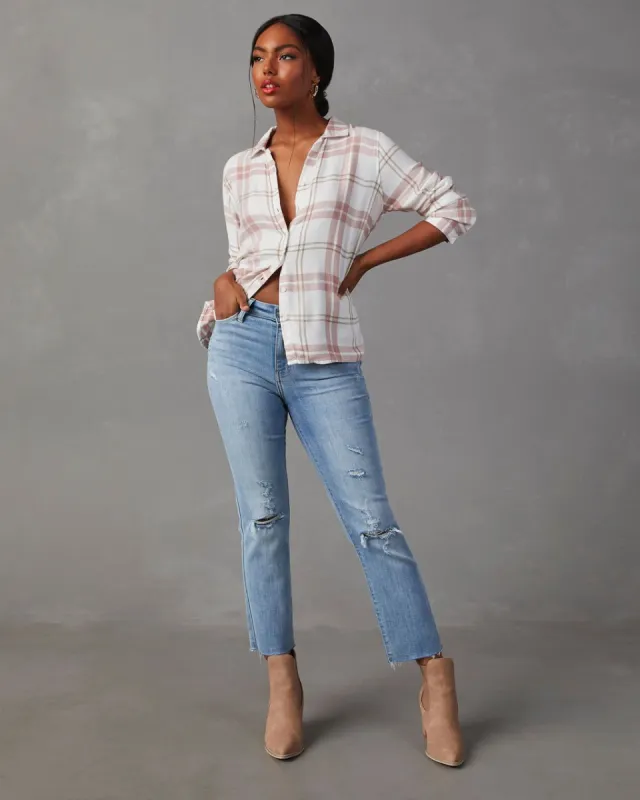 Gail Plaid Button Down Top - White/Mauve sold by Vici