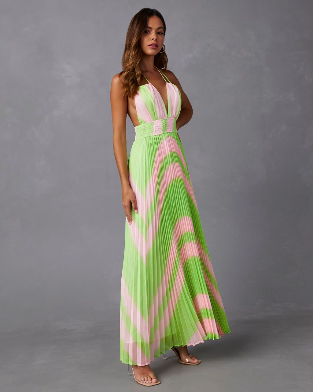 Niamara Plisse Maxi Dress - Green/Pink - FINAL SALE | Parallel