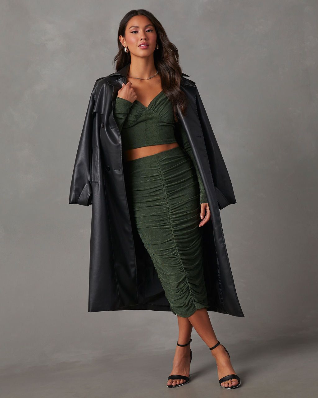 Weekend Vibes Ruched Slinky Midi Skirt - Green sold by Vici
