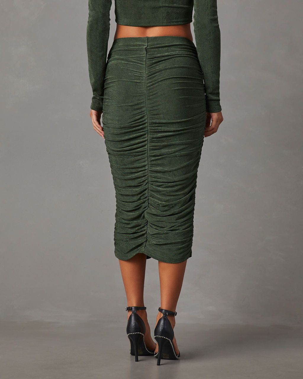 Weekend Vibes Ruched Slinky Midi Skirt - Green sold by Vici product image thumbnail 4