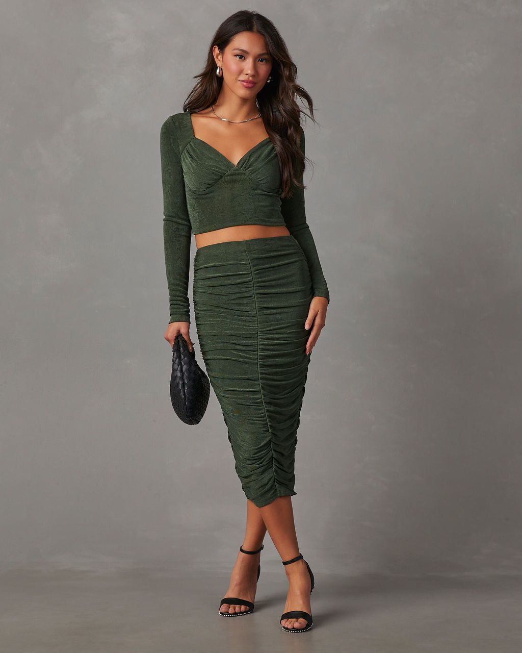 Weekend Vibes Ruched Slinky Midi Skirt - Green sold by Vici product image thumbnail 3