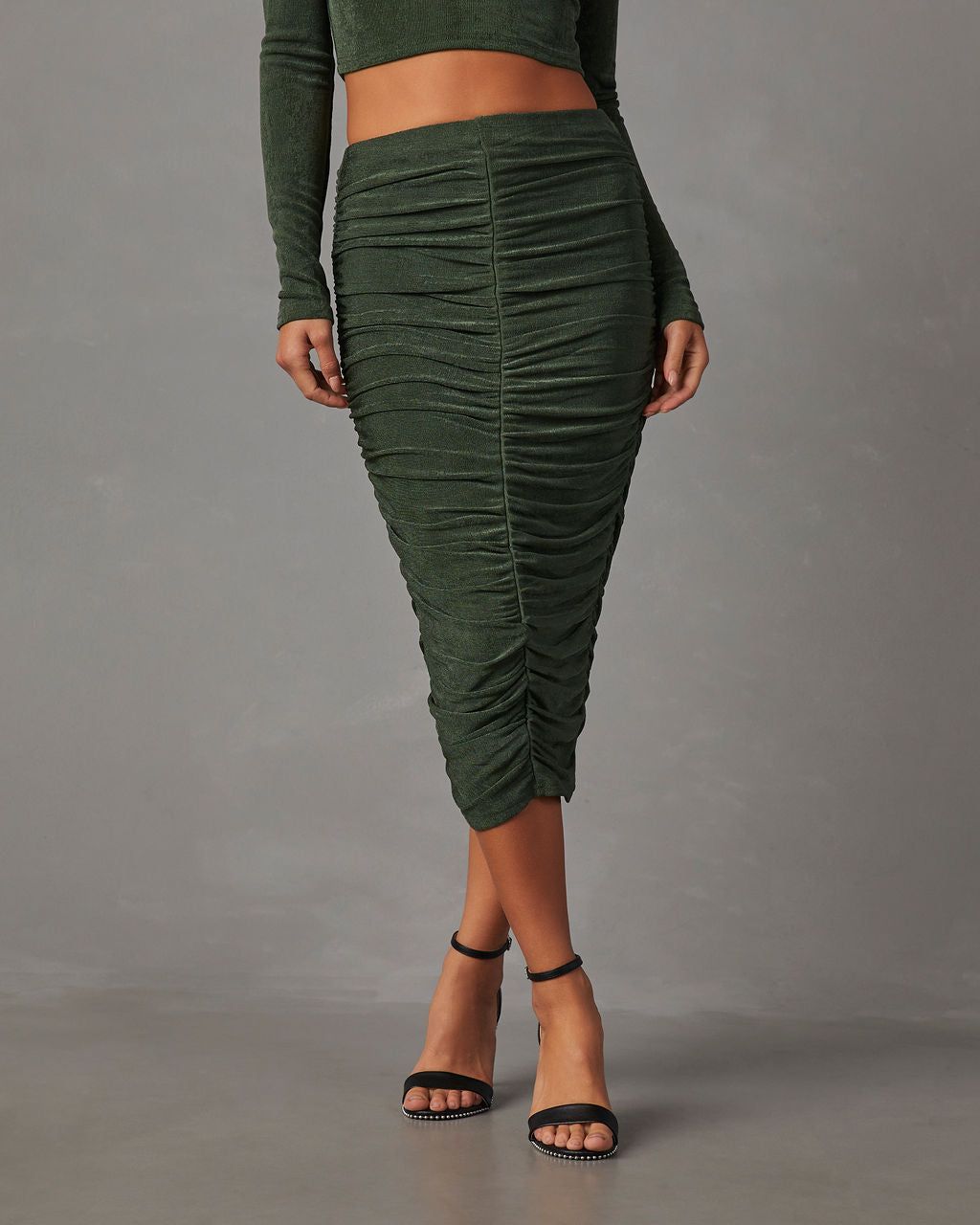 Weekend Vibes Ruched Slinky Midi Skirt - Green sold by Vici product image thumbnail 2