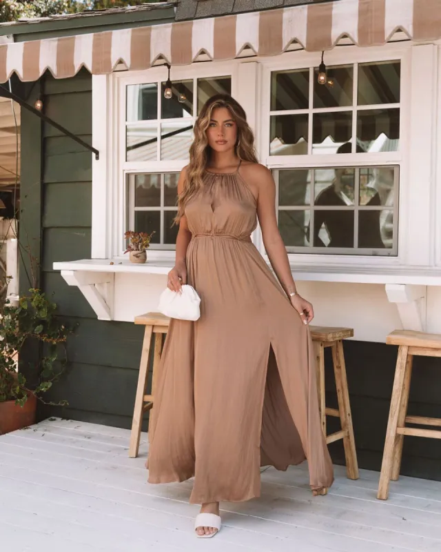 Breeana Satin Side Cutout Halter Maxi Dress - Camel - FINAL SALE sold by Vici