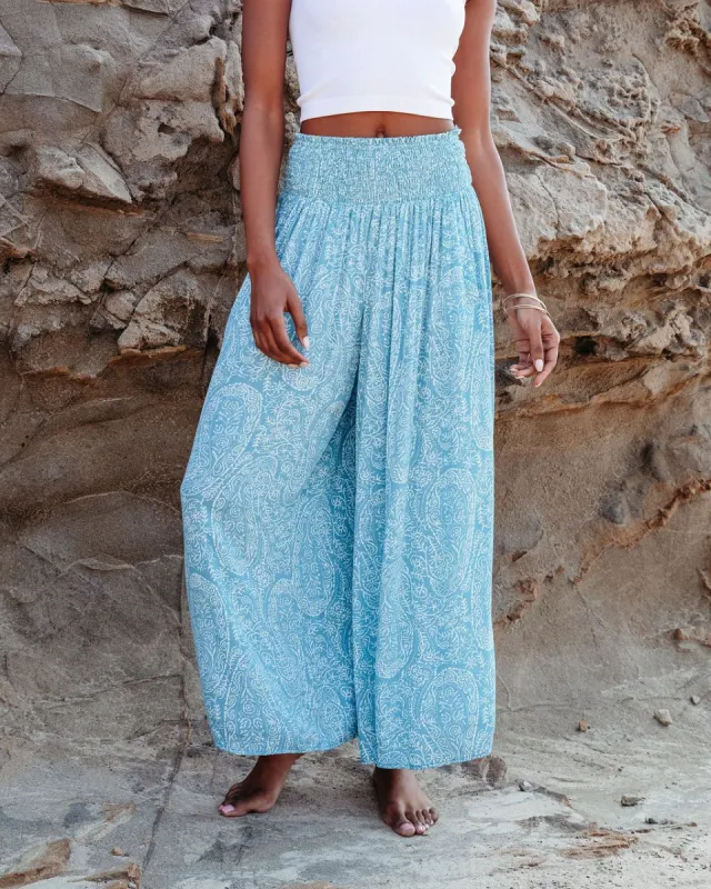 Amaya Printed Smocked Wide Leg Pants - Blue - FINAL SALE sold by Vici