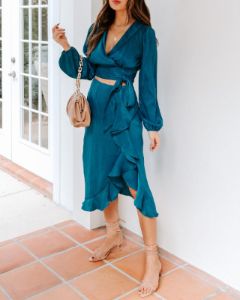 Penthouse Satin Ruffle Midi Skirt sold by Vici