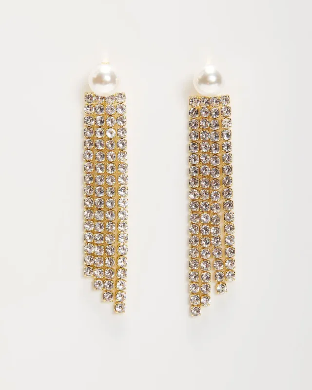 Pearl Party Rhinestone Drop Tassel Earrings - White sold by Vici