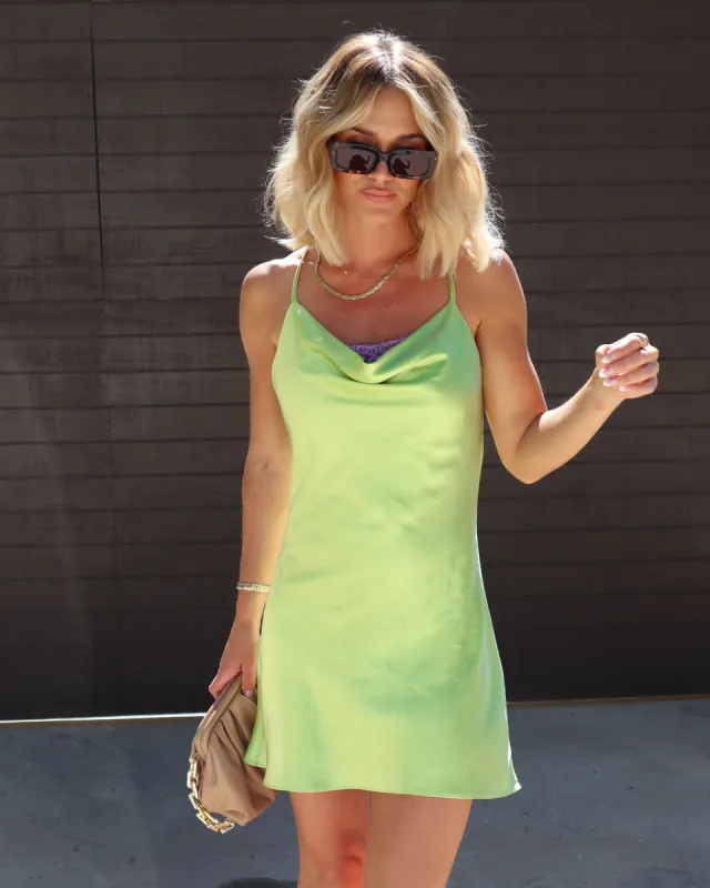 Day And Night Satin Cowl Neck Lace Trim Mini Dress sold by Vici